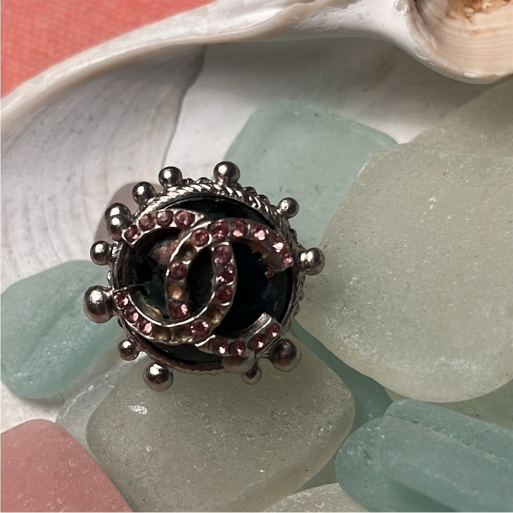 Chanel Black Pearl Pink Rhinestone Logo Ring